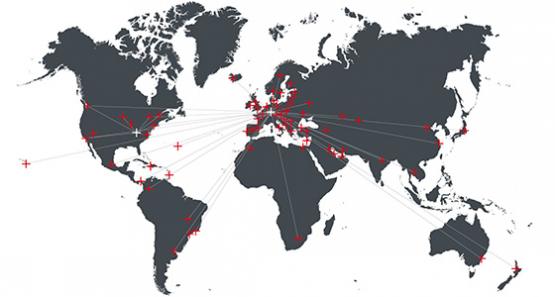 Münch+Münch Internationale Shop-Rollouts Weltkarte mit markierten Objektstandorten